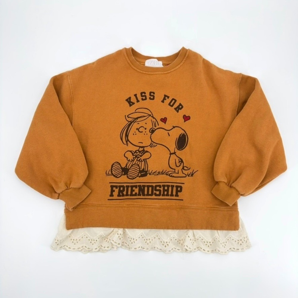 Zara Kids Peanuts Snoopy Peppermint Patty Graphic Lace Trim Sweatshirt Yellow 12